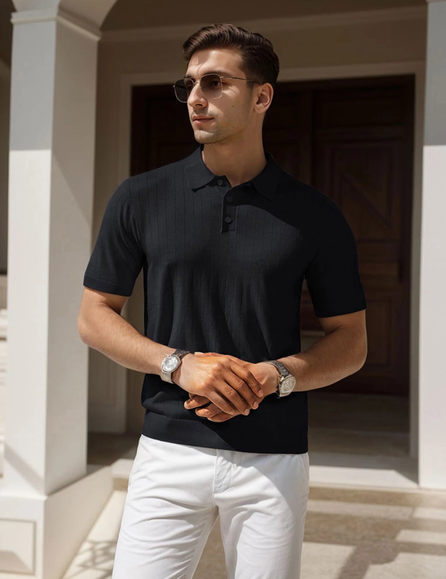 "Men's Polo Collar Short Sleeve Striped Knit Shirt - Stylish Casual Breathable Top for Everyday Wear"
