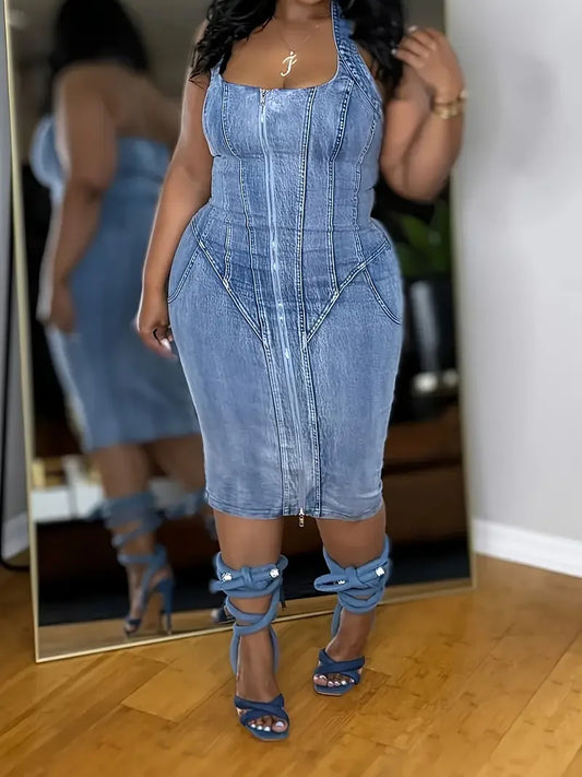 Women's Skinny Denim Vest Dress - Slim Fit Sexy Off-Shoulder Sleeveless A-Line Maxi Dress with Button Closure & Adjustable Ties