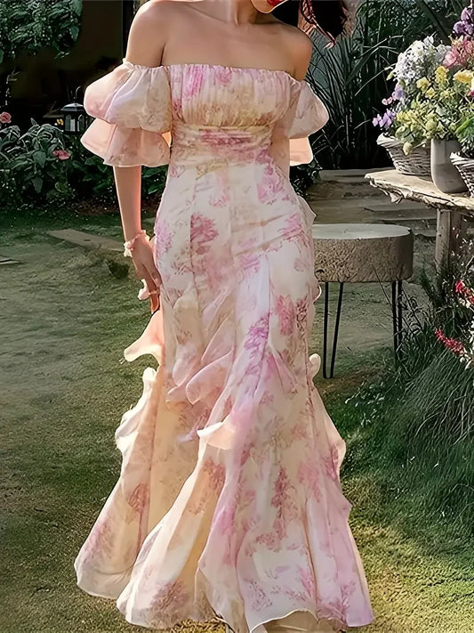 Women's Slant Neck Short Sleeve Floral Ruffle Slim Party Midi Dress - Bodycon Wedding Bridesmaid Floral Skirt Dress for Women