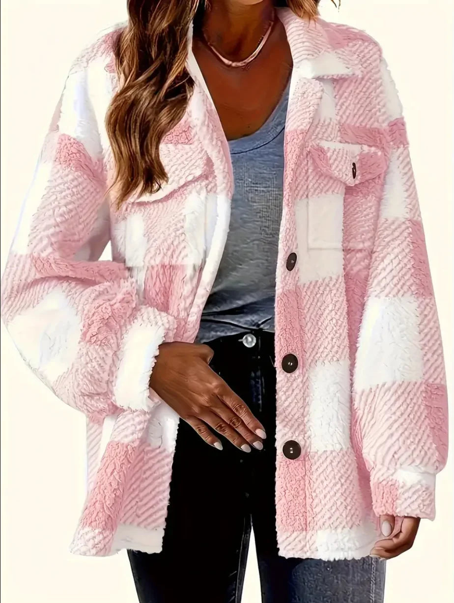 Plaid Pattern Button Front Jacket, Elegant Long Sleeve Warm Outerwear For Fall & Winter, Women's Clothing