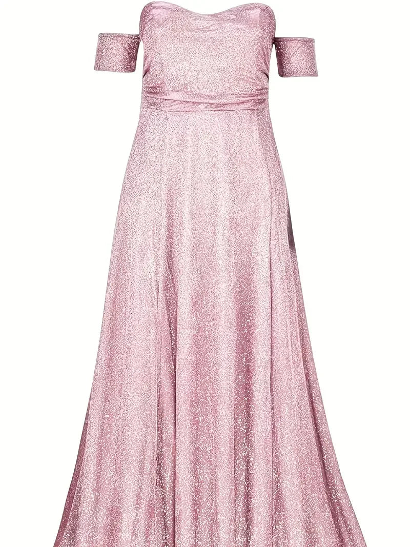 Women's Sequin Ball Gown - Off-Shoulder Sparkling Wedding Guest Dress with High-Low Hem, Elegant Formal Party Gown