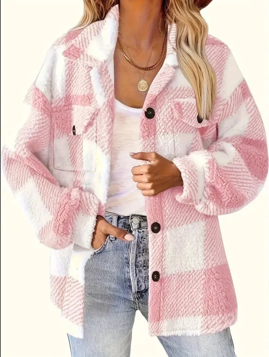 Plaid Pattern Button Front Jacket, Elegant Long Sleeve Warm Outerwear For Fall & Winter, Women's Clothing