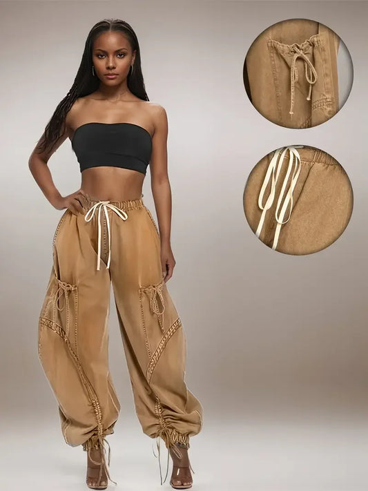 Women's Fashion Lace-Up Drawstring Loose Jeans - Stylish Casual High Waist Elastic Waistband Leggings Pants for Women