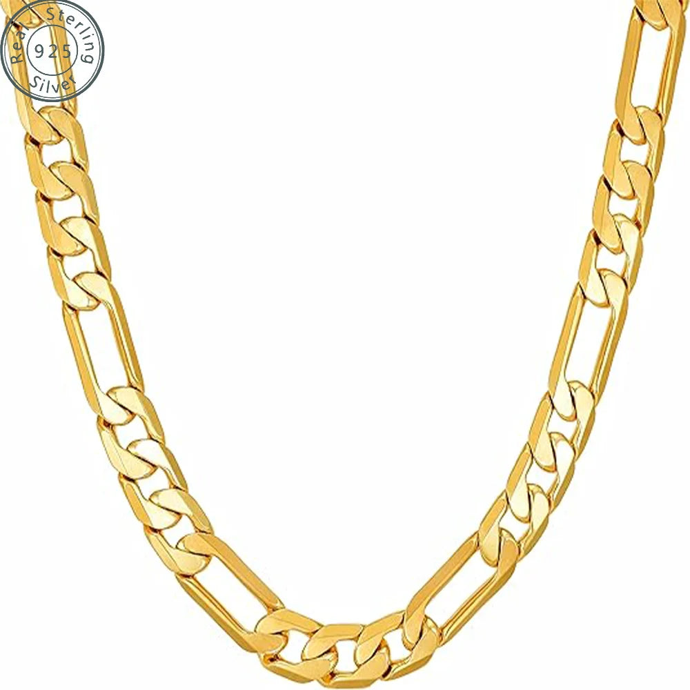 3.5mm,5mm,7mm Figaro Chain Necklace Diamond Cut 18k Real Gold Plated