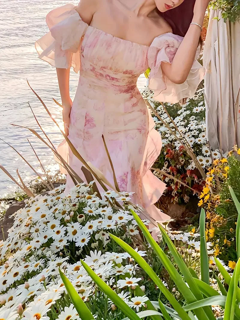 Women's Slant Neck Short Sleeve Floral Ruffle Slim Party Midi Dress - Bodycon Wedding Bridesmaid Floral Skirt Dress for Women