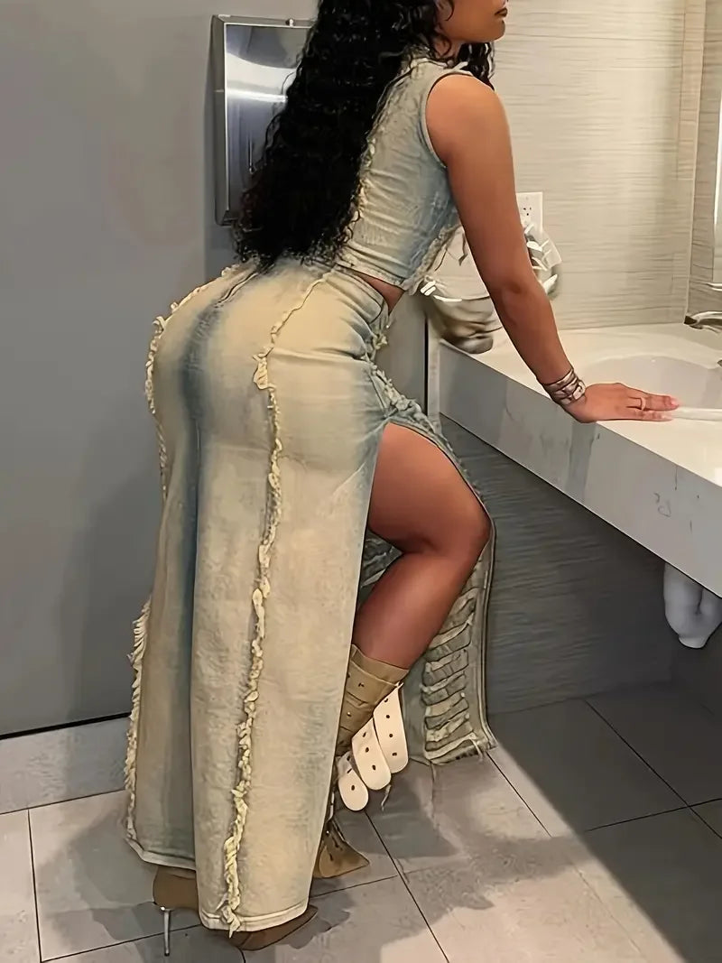 Sexy Denim Two Piece Set Women - Distressed Crop Top & Long Slit Skirt Stretchy Y2K Streetwear Summer Outfit