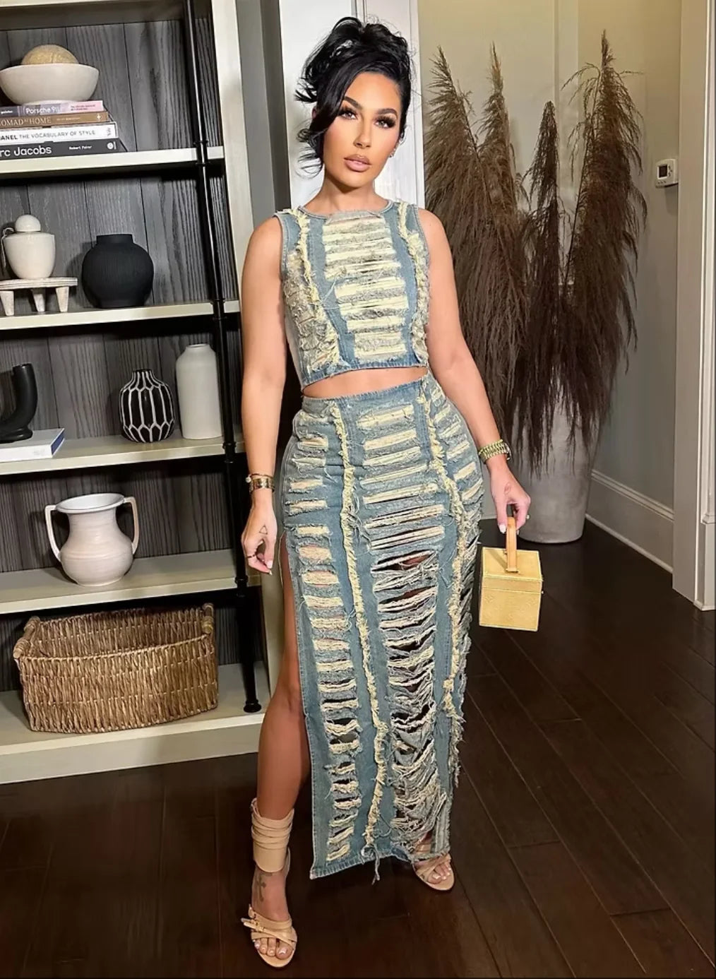 Sexy Denim Two Piece Set Women - Distressed Crop Top & Long Slit Skirt Stretchy Y2K Streetwear Summer Outfit