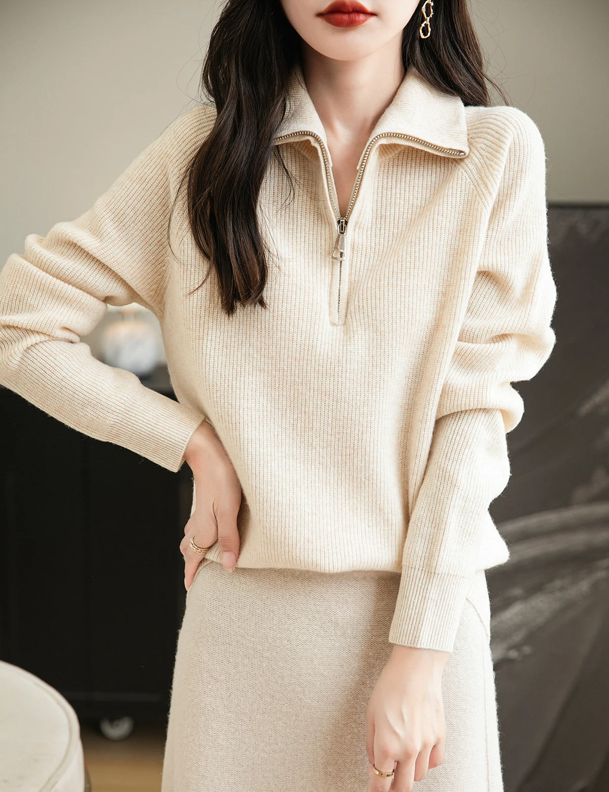 Turtleneck Wool Women's Sweater 100% Merino Wool Fall Winter Zip Pullover Casual Long Sleeve Knitted Sweater Top Female Clothing