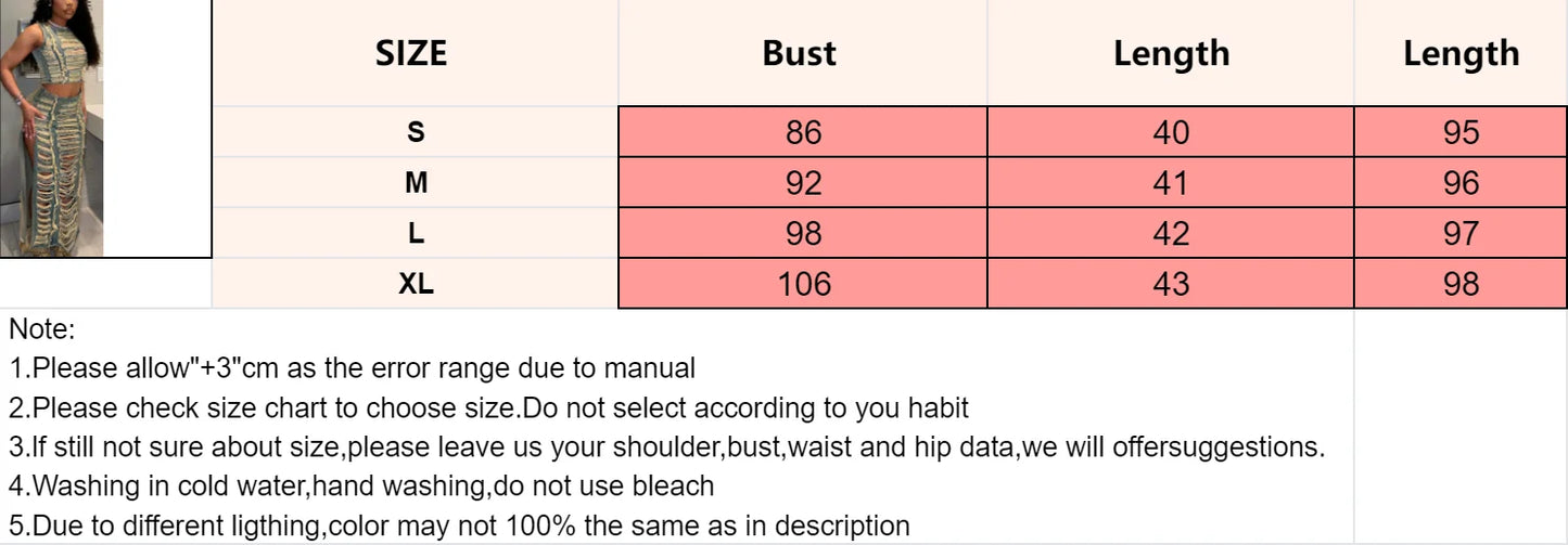 Sexy Denim Two Piece Set Women - Distressed Crop Top & Long Slit Skirt Stretchy Y2K Streetwear Summer Outfit