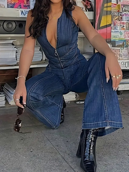 Women's Slim Fit Sleeveless Denim Jumpsuit - High Waist Retro Street Fashion Style with Pocket Details - 2025 Summer Casual Over