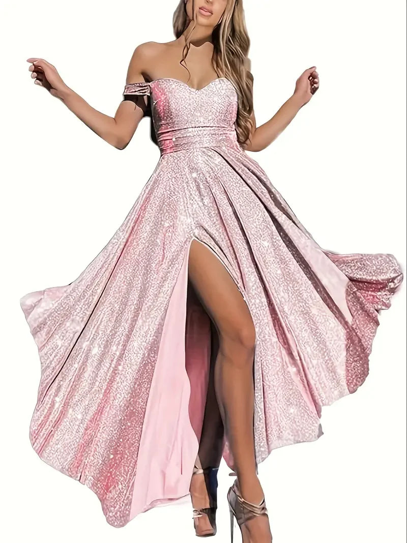 Women's Sequin Ball Gown - Off-Shoulder Sparkling Wedding Guest Dress with High-Low Hem, Elegant Formal Party Gown