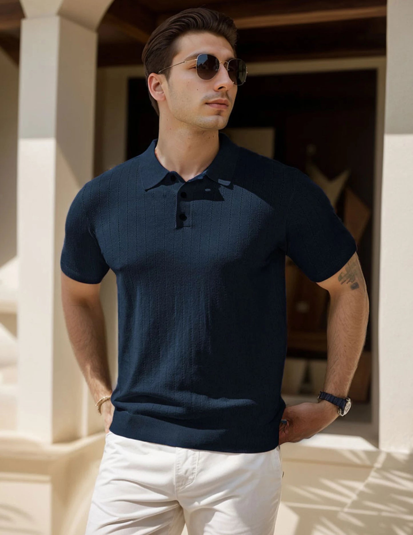"Men's Polo Collar Short Sleeve Striped Knit Shirt - Stylish Casual Breathable Top for Everyday Wear"