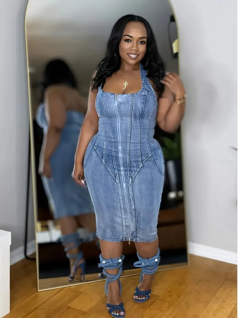 Women's Skinny Denim Vest Dress - Slim Fit Sexy Off-Shoulder Sleeveless A-Line Maxi Dress with Button Closure & Adjustable Ties