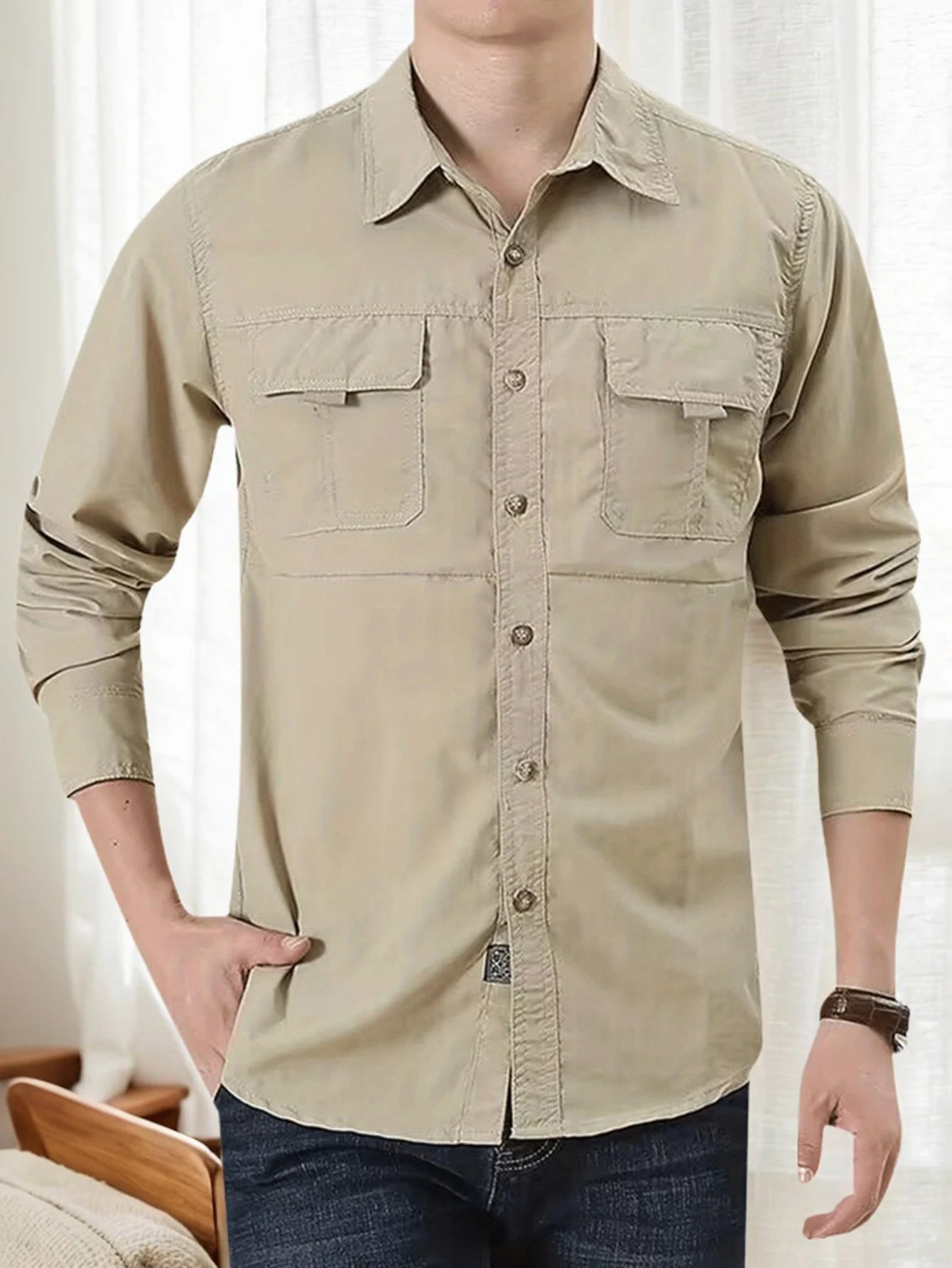 Men's Outdoor Military Style Long Sleeve Shirt Autumn Tactical Multi-Pocket Shirt Durable Breathable Quick-Dry Hiking Shirt Casu