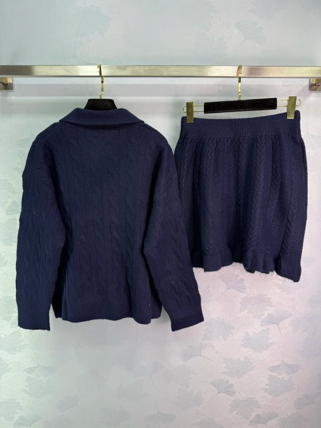 2025 Early Autumn New Polo Collar Twisted Flower Knitted Long Sleeve Top Knitted Half Skirt Set Wool Yarn Weaving 376