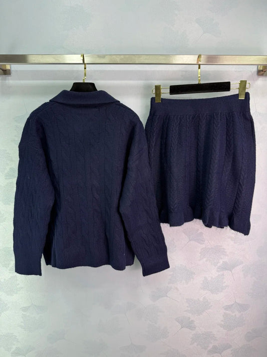 2025 Early Autumn New Polo Collar Twisted Flower Knitted Long Sleeve Top Knitted Half Skirt Set Wool Yarn Weaving 376