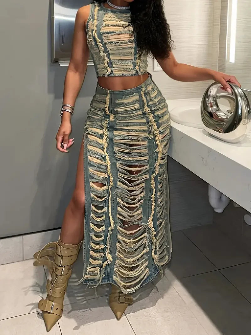 Sexy Denim Two Piece Set Women - Distressed Crop Top & Long Slit Skirt Stretchy Y2K Streetwear Summer Outfit