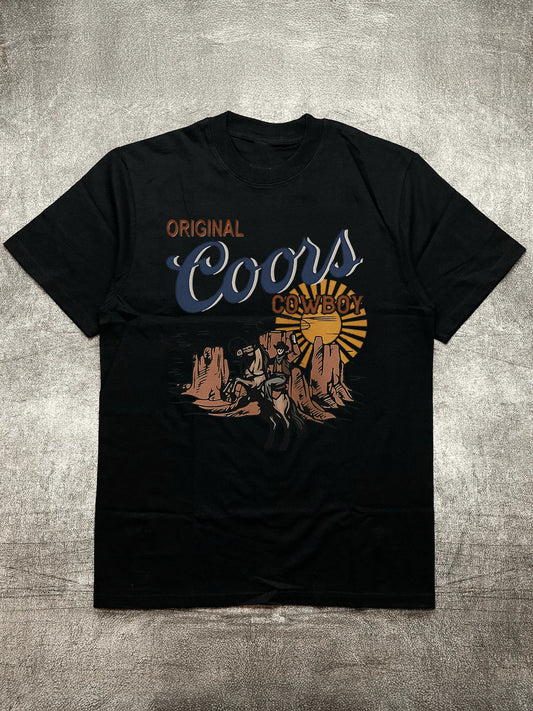 Men's Black 200G Cotton Heat Transfer Printed Crew Neck Short Sleeve T-Shirt - Original Cowboy Style Pattern