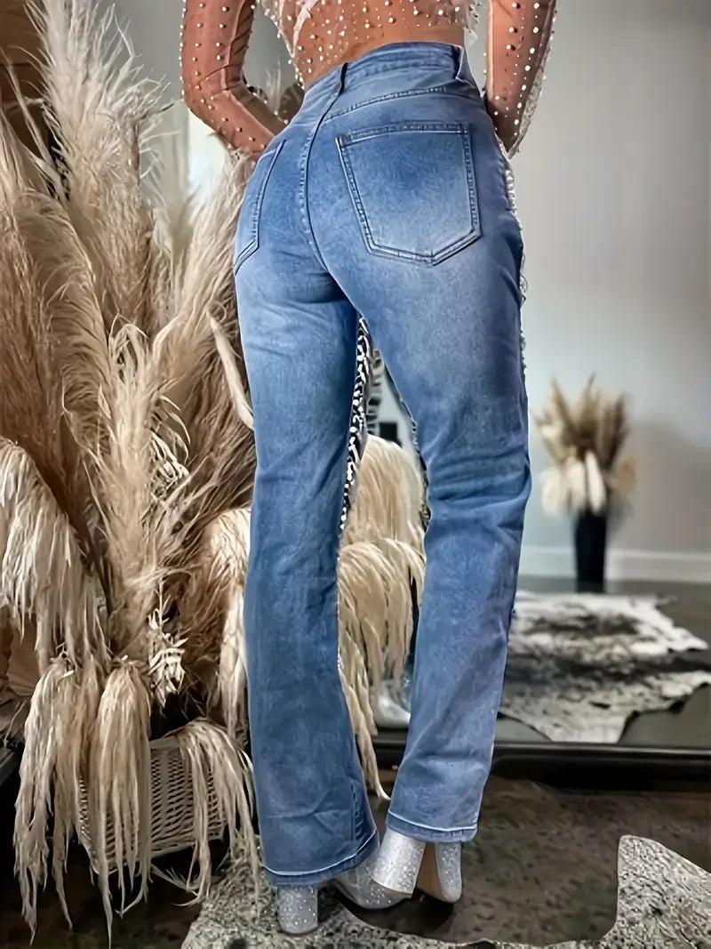 Women's Long Denim Jacket - Blue Belted Trench Coat with Flap Pockets & Straps, Casual Jean Coat for Spring Fall