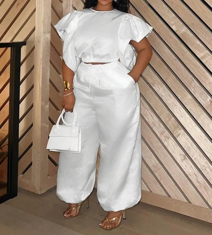 【2025 Summer New】Fashion Top & High Waist Straight Sweatpants Set for Women - Casual Tracksuit Two Piece Outfit | Solid Color/P