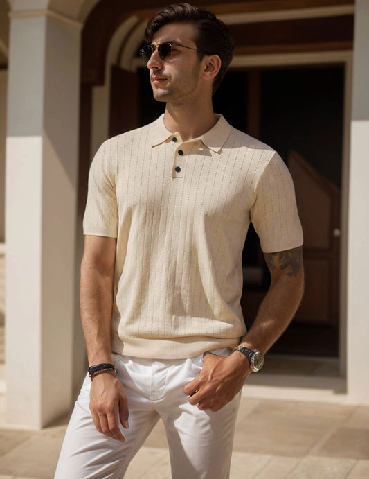 "Men's Polo Collar Short Sleeve Striped Knit Shirt - Stylish Casual Breathable Top for Everyday Wear"
