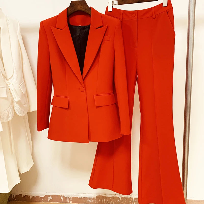 HIGH QUALITY New Fashion 2024 Designer Blazer Suit Set Women's Single Button Red Blazer Flare Pants Suit