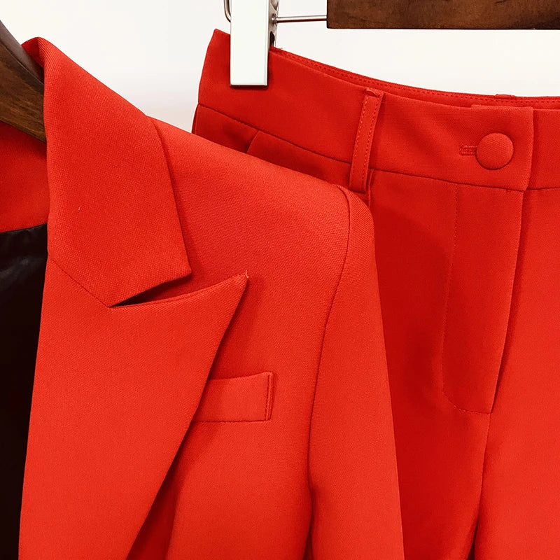 HIGH QUALITY New Fashion 2024 Designer Blazer Suit Set Women's Single Button Red Blazer Flare Pants Suit