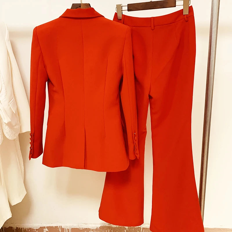HIGH QUALITY New Fashion 2024 Designer Blazer Suit Set Women's Single Button Red Blazer Flare Pants Suit
