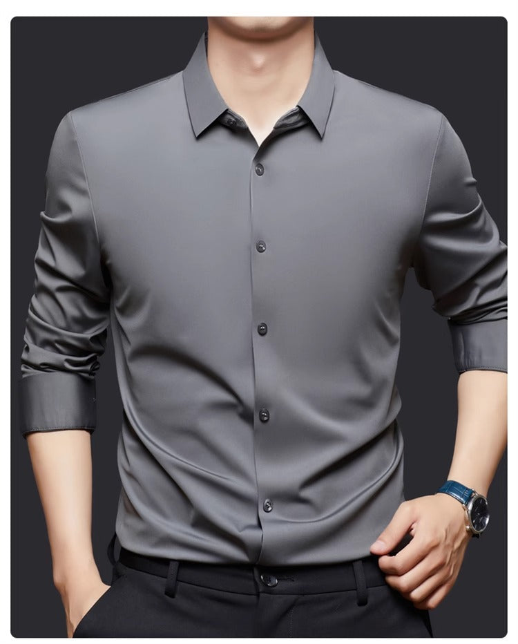 High Stretch Men Business Shirt Long Sleeve Anti-wrinkle Non-ironing Slim Fashion Casual Social Solid Formal Office White Shirt