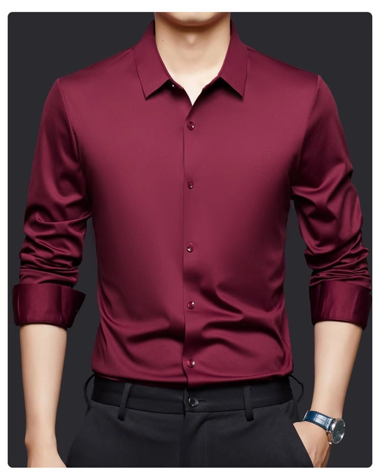 High Stretch Men Business Shirt Long Sleeve Anti-wrinkle Non-ironing Slim Fashion Casual Social Solid Formal Office White Shirt