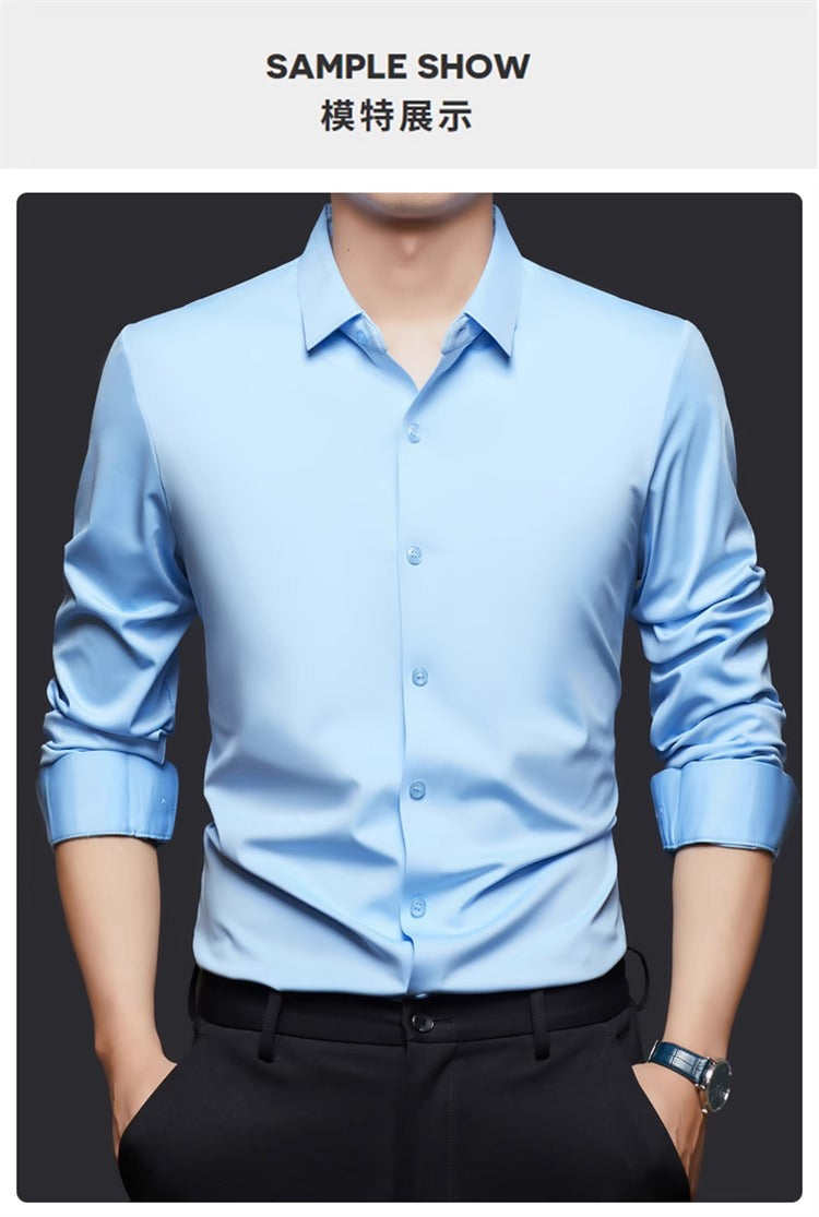 High Stretch Men Business Shirt Long Sleeve Anti-wrinkle Non-ironing Slim Fashion Casual Social Solid Formal Office White Shirt