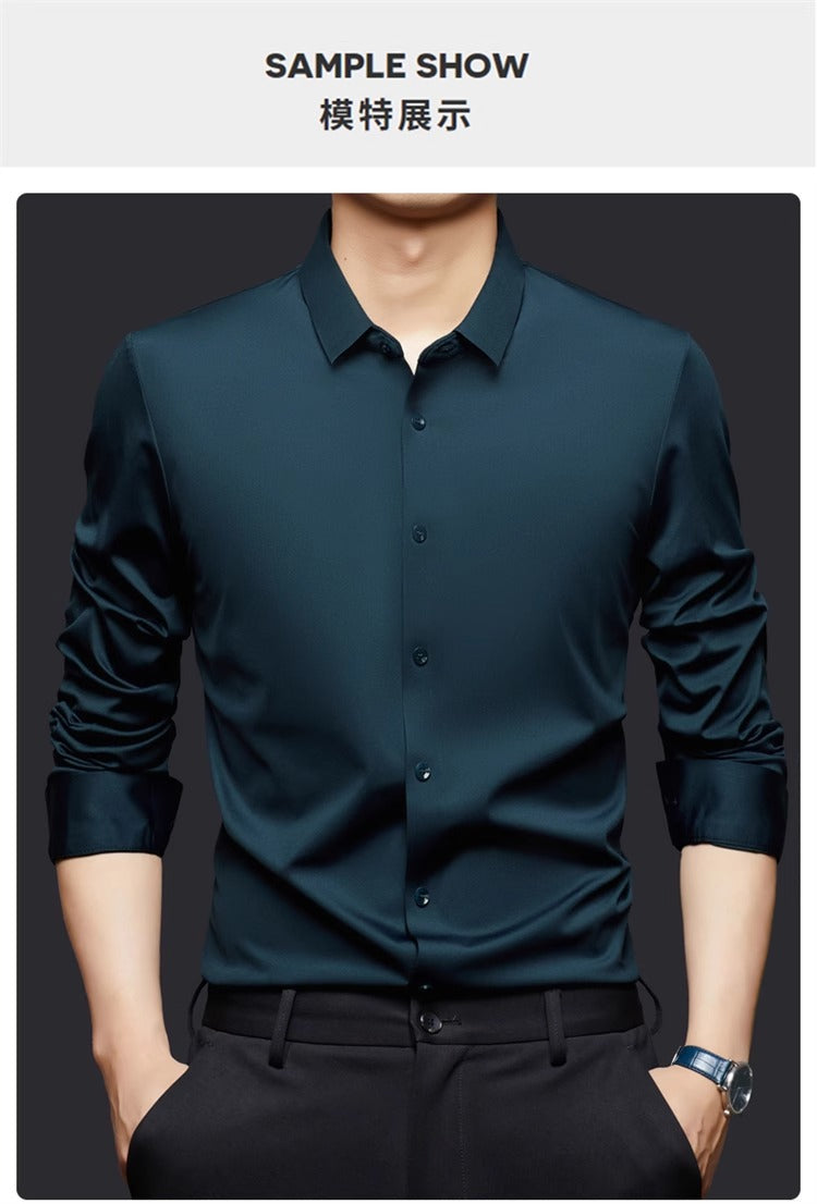 High Stretch Men Business Shirt Long Sleeve Anti-wrinkle Non-ironing Slim Fashion Casual Social Solid Formal Office White Shirt