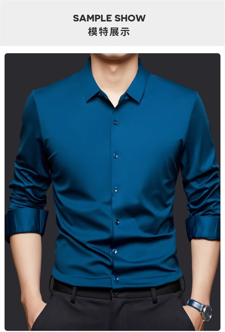 High Stretch Men Business Shirt Long Sleeve Anti-wrinkle Non-ironing Slim Fashion Casual Social Solid Formal Office White Shirt