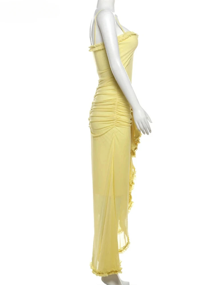 Weird Puss Ruffles Bandage Dress Women Sexy Backless Sleeveless Tassel Lace-Neck See Through Slits Hem Prom Party Long Bodycon