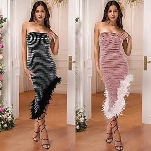 Women's Hot Drilling Craft Sexy Long Sleeve Mesh See Through Sequined Party Club Night Rhinestone Dress