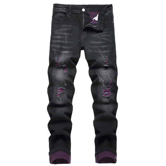 Men's black jeans Elastic purple distressed denim pants Distressed color denim long pants Casual street party jeans 517