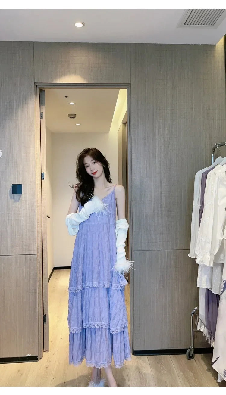 Summer  Long Vintage Casual Ruffles Elegant Maxi Strap Camis Silky Beach Lace Elegant Party Dress Vestidos Sexy Women