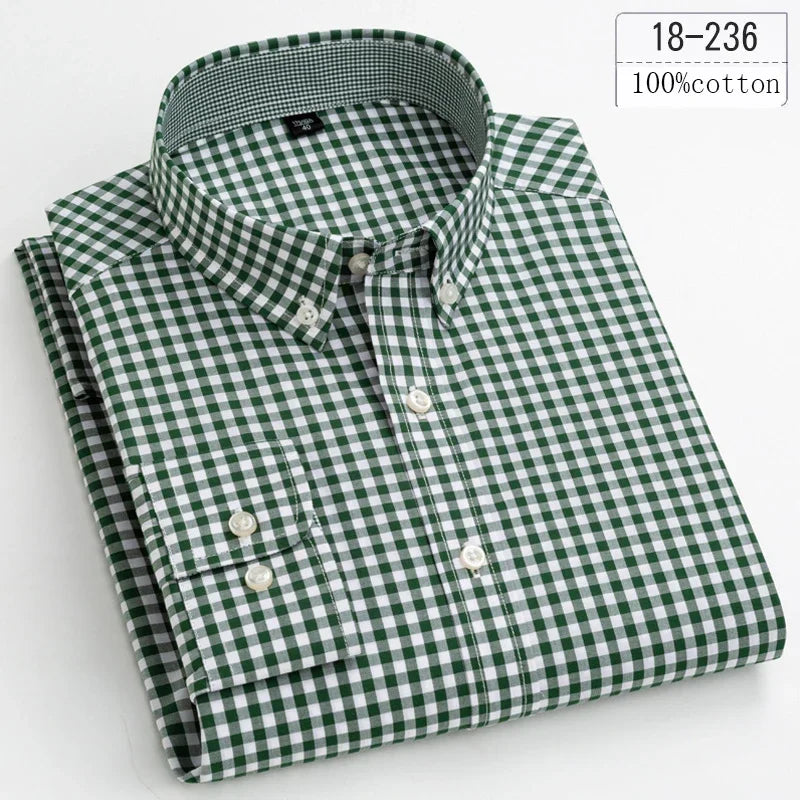New in Shirt 100% Cotton Long-Sleeve Shirts for Men Slim Fit Plain Shirt Thin Plaid Striped Tops Fashion Elegants Office Clothes