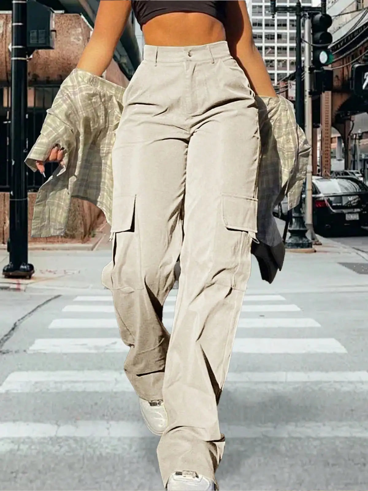 2025 Newest Women's High-Waisted Cargo Pants Y2K Loose Stretch Straight Wide Leg Pants with Pocket Casual Work Pants Streetwear