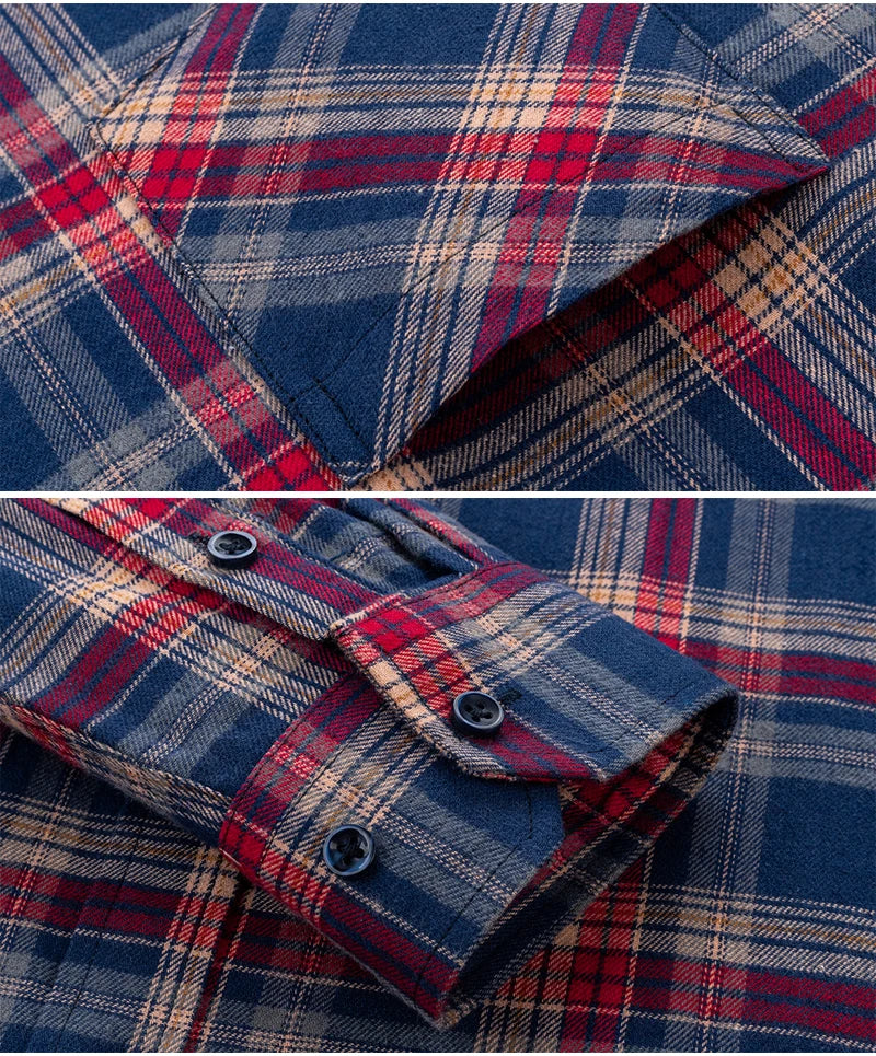New Spring Long Sleeve Plaid Shirts For Men 100% Cotton Flannel Plus Size Easy Care Comfortable Top Casual Smart Dress Shirts