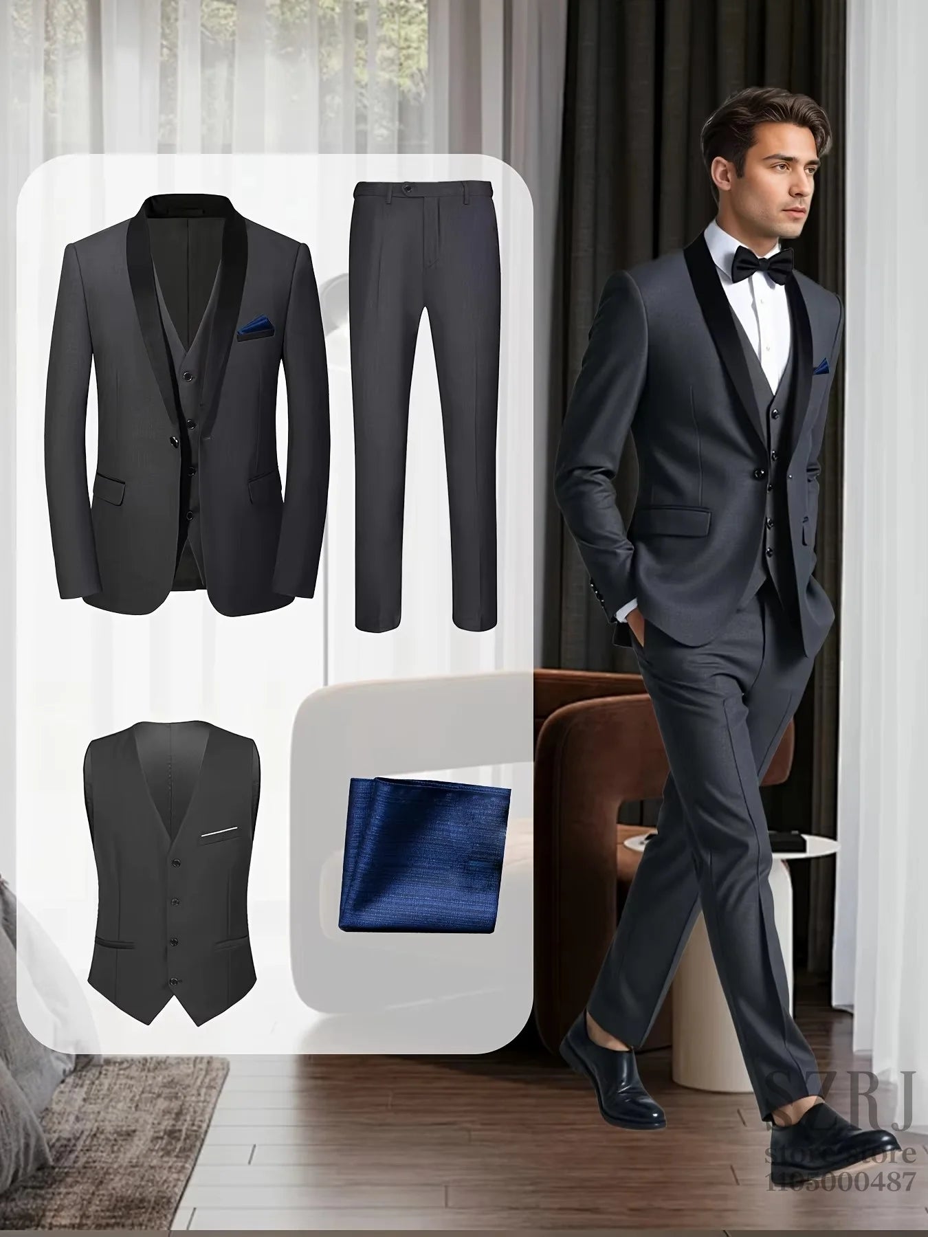 Men'S 4pcs Tuxedo Suit: Jacket, Vest, Dress Pants &Pocket Square