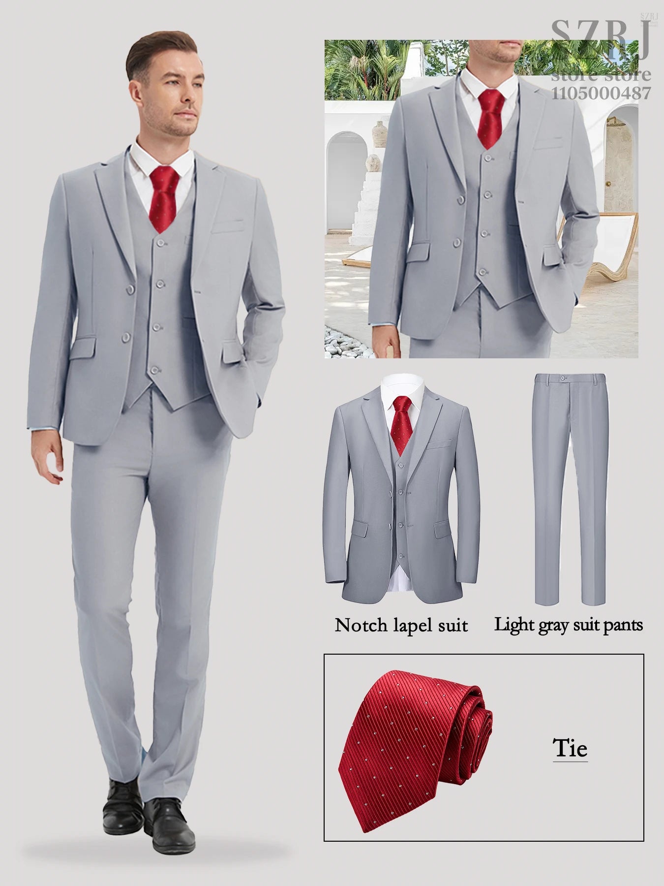 Men's 4-Piece Suit: Jacket+Vest+Pants+Red Spotted Tie.Gentleman Style, Premium, Tailored. For Business, Parties, Weddings.
