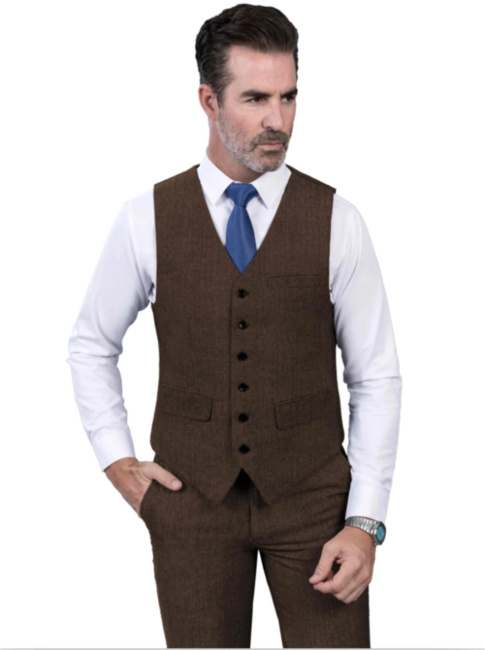 Elegant Men's Suit 3pcs Tweed Herringbone Wedding Suit Prom Tuxedos Peak Lapel Dress (Blazer+vest+Pants)