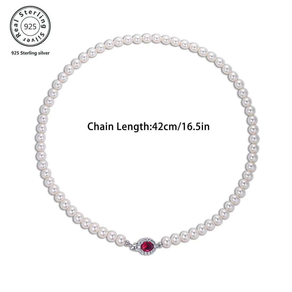 Vintage Red Shiny Crystal Pearl Necklace for Women Light Luxury S925 Sterling Silver Banquet Collarbone Sweater Chain USA Stock