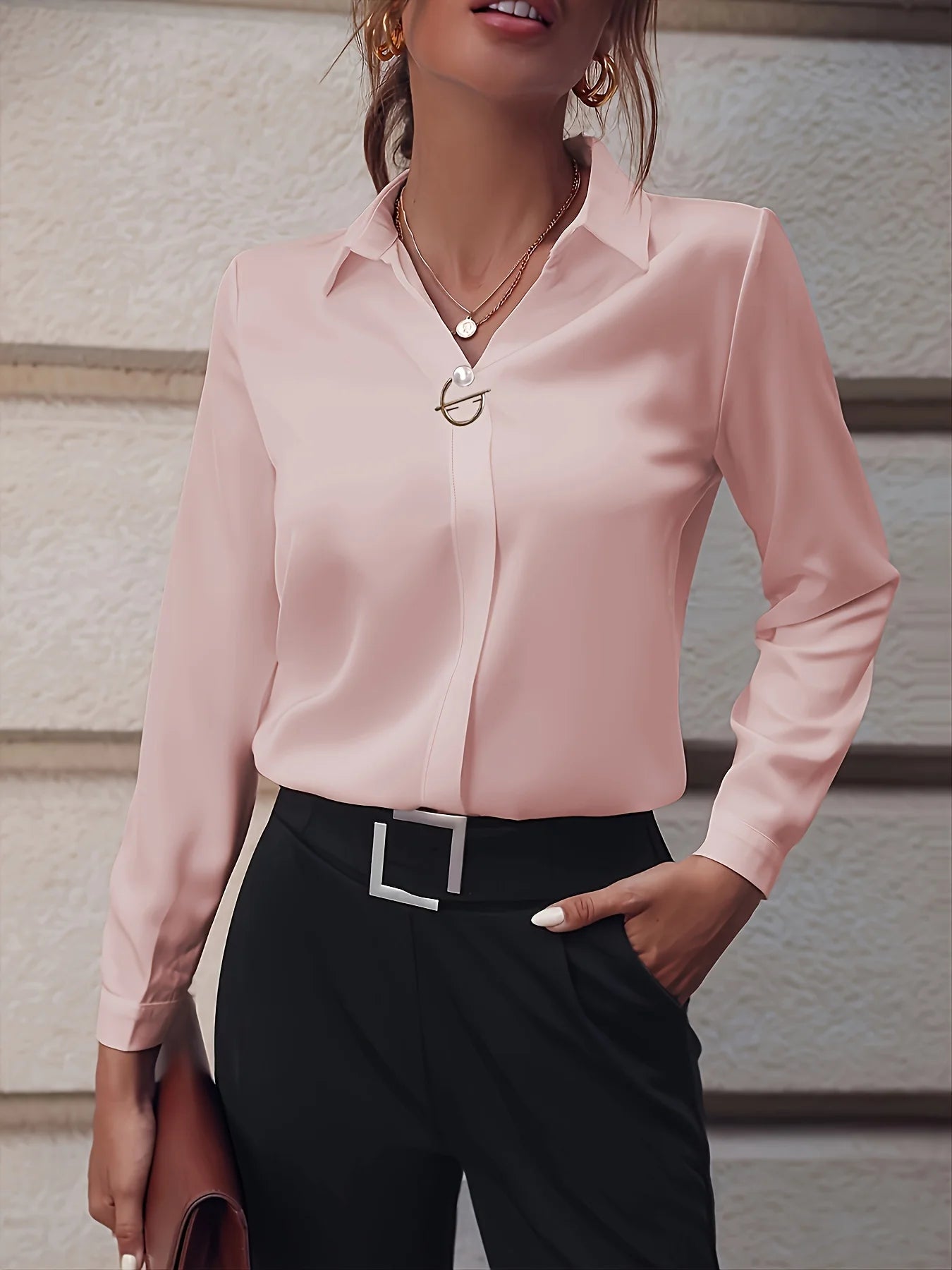 Women's Faux Pearls & Metal Decor Long Sleeve Blouse, Casual Solid Collar Top for Daily Wear, Ladies Clothes for All Seasons