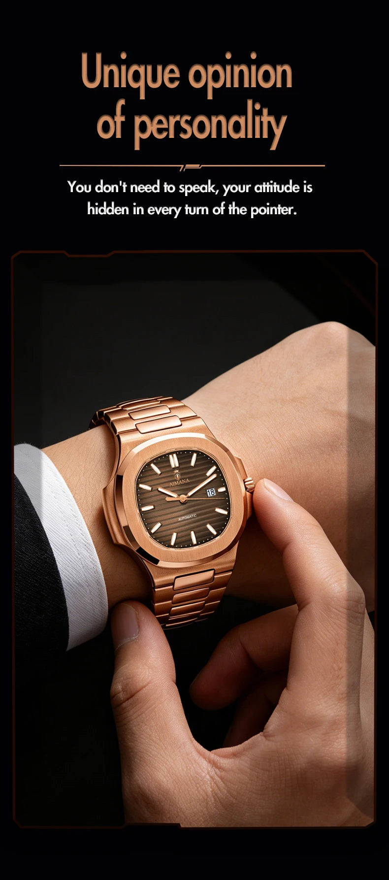 Luxury AIMANA Mens Automatic Watch Stainless Steel Strap Waterproof Luminous Date Calendar Rose Gold Nautilus Style Business Cas