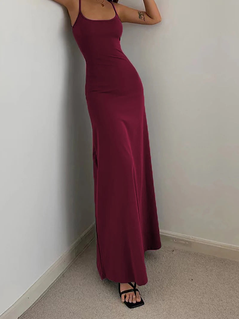 Woman Spring Summer Bodycon Dress Female Sexy Sleeveless Spaghetti Strap Sheath Dress Elegant Backless Evening Dress Long Skirt