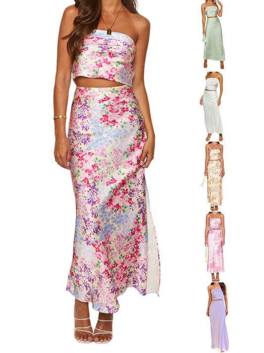 Elegant Floral Print Off-Shoulder Top and High Slit Maxi Skirt Set for Women s Summer Fashion Look