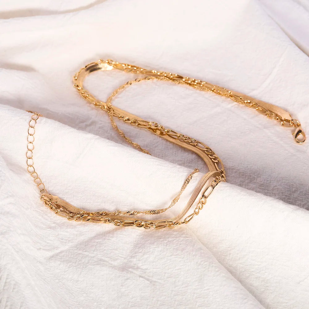 Layered Chain Handpicked Brass Chain Triple Layers Necklace 14K Gold Plated Waterproof Trendy Chain Jewelry Women Stock in USA