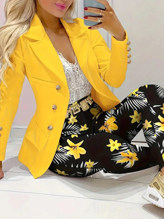 Women's Business and Leisure Two-Piece Suit Set, Solid Color Long Sleeved Double Breasted Suit Jacket and Floral Printed High Wa